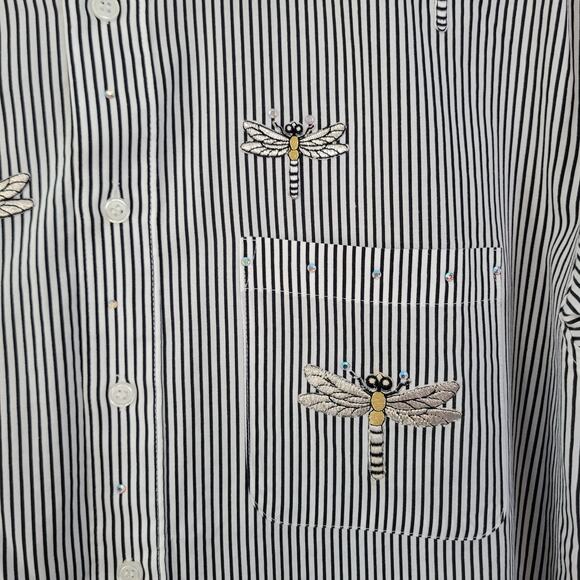 Get Lucky Size L Sequined Dragonfly Striped Button Up Shirt Mature Nature - Picture 3 of 9